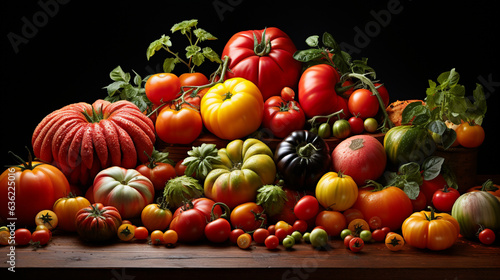 An artistic composition featuring an assortment of heirloom tomatoes in various colors, shapes, and sizes, creating a visually striking display 