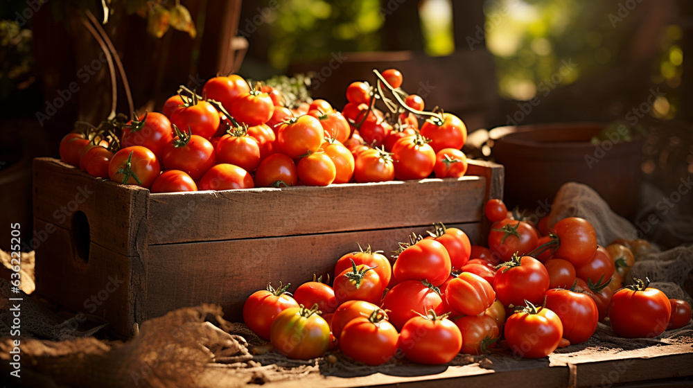 A rustic scene featuring a wooden crate filled with juicy and plump Mortgage Lifter tomatoes, radiating a sense of bountiful harvest A rustic scene featuring a wooden crate filled with juicy and plump Mortgage Lifter tomatoes, radiating a sense of bountiful harvest