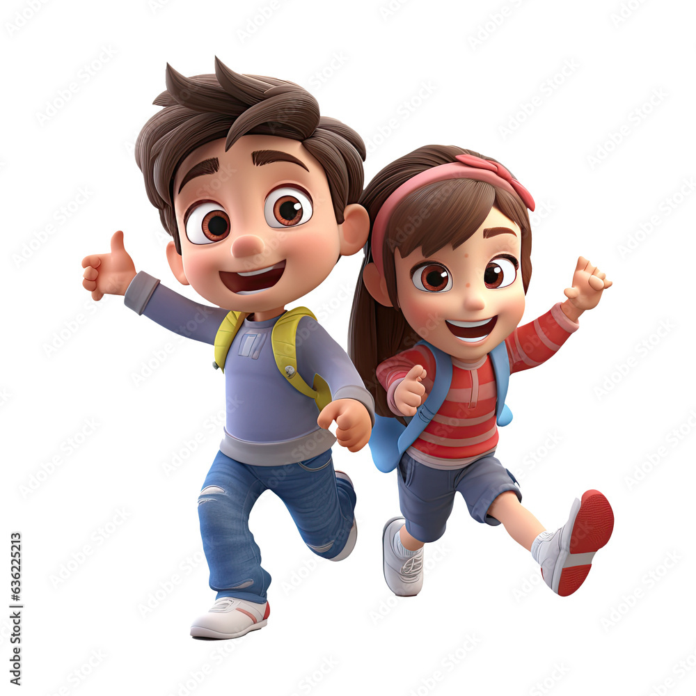3D cartoon happy boy and girl character on transparent background ...