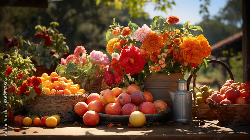 A picturesque garden setting showcasing an array of heirloom tomatoes against a backdrop of colorful flowers, embodying the beauty of nature's bounty A picturesque garden setting showcasing an array of heirloom tomatoes against a backdrop of colorful flowers, embodying the beauty of nature's bounty