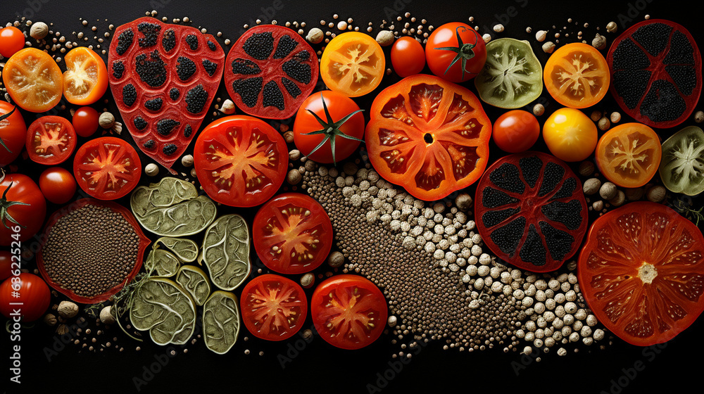 An artistic composition of various tomato varieties, each one sliced open to reveal its intricate patterns of seeds and pulp  - obrazy, fototapety, plakaty 