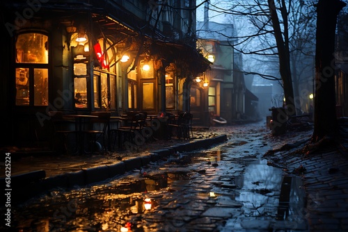 Wet street at night with red traffic light in the rain.