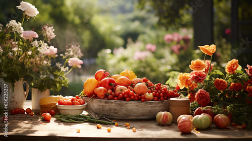 A picturesque garden setting showcasing an array of heirloom tomatoes against a backdrop of colorful flowers, embodying the beauty of nature's bounty 