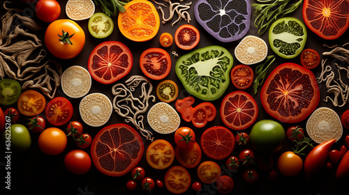 An artistic composition of various tomato varieties, each one sliced open to reveal its intricate patterns of seeds and pulp 