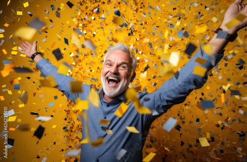 young man is standing happy and laughing around with confetti