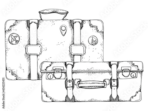 Ink hand drawn vector sketch. Illustration with set of retro vintage old suitcases luggage baggage with stickers and key. Design for tourism, travel, brochure, wedding, guide, print, card, tattoo.