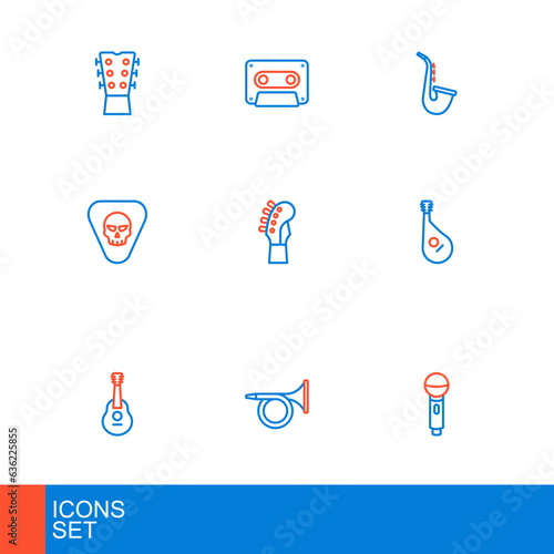Set line Microphone, Trumpet, Guitar, Bandura, pick, neck, Saxophone and Retro audio cassette tape icon. Vector