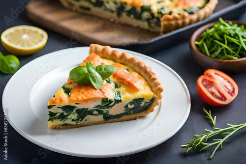 Quiche with salmon on a neutral background created by AI