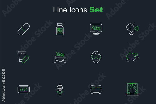 Set line Window with curtains, Big bed, Dream catcher feathers, Earplugs storage box, Sheep, Eye sleep mask, Time and Sleeping pill icon. Vector