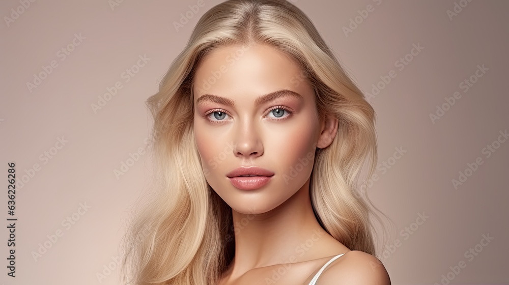Fototapeta premium closeup portrait of a young blonde woman with a studio background - mockup template for skincare/beauty products/ads (generative AI)