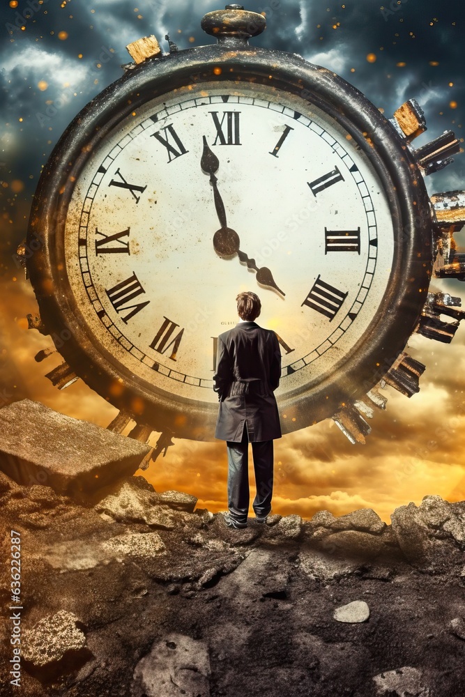 Man lost in the world in front of a giant clock the end of world