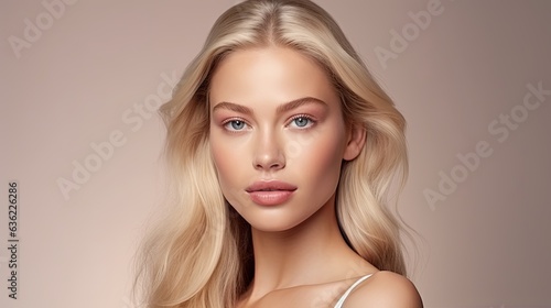 closeup portrait of a young blonde woman with a studio background - mockup template for skincare/beauty products/ads (generative AI)