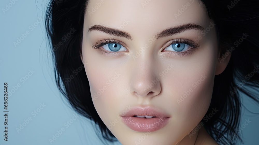 Fototapeta premium closeup portrait of a beautiful woman with black hair und blue eyes with a studio background - mockup template for skincare/beauty products/ads (generative AI)