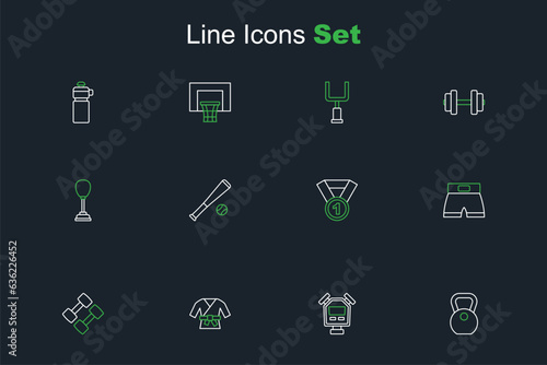 Set line Weight, Stopwatch, Kimono, Dumbbell, Boxing short, Medal, Baseball bat with ball and Punching bag icon. Vector