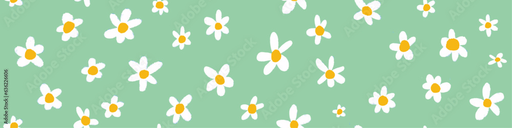 Obraz premium Cute Wild Flowers Seamless Pattern. Hand-drawn white chalk flowers on green background. Perfect for backgrounds, printed patterns, prints, wrappers, headers. Vector Illustration. EPS 10. 