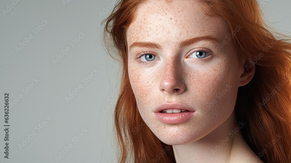 closeup portrait of a freckled redheaded woman with a studio background - mockup template for skincare/beauty products/ads (generative AI) closeup portrait of a freckled redheaded woman with a studio background - mockup template for skincare/beauty products/ads (generative AI)