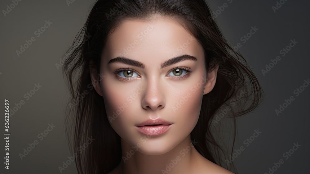 closeup portrait of a young brunette woman with a studio background - mockup template for skincare/beauty products/ads (generative AI) closeup portrait of a young brunette woman with a studio background - mockup template for skincare/beauty products/ads (generative AI)