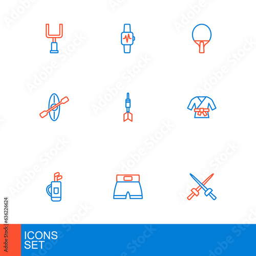 Set line Fencing, Boxing short, Golf bag with clubs, Kimono, Kayak and paddle, Dart arrow, Racket and Smart watch heart icon. Vector