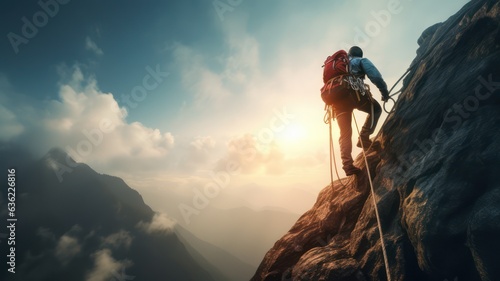 Sportive person climbing up a steep mountain with rope created with Generative AI photo