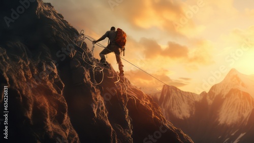 Sportive person climbing up a steep mountain with rope created with Generative AI