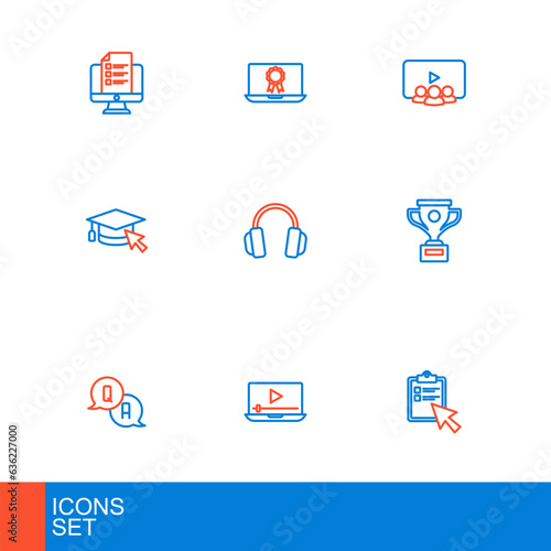 Set line Online quiz, test, survey, play video, Question and Answer, Award cup, Graduation cap with cursor, Headphones, class and education diploma icon. Vector
