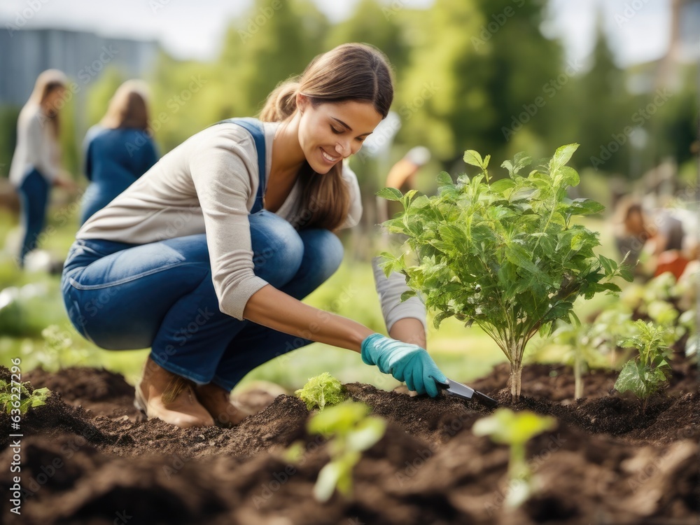 People hand helping plant the tree working together in farm concept People hand helping plant the tree working together in farm concept