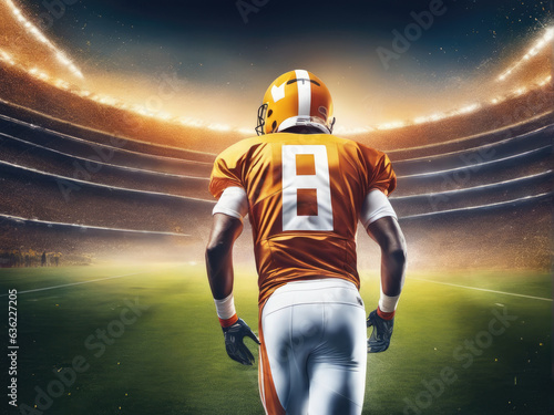 American football player wearing in uniform on backdrop stadium