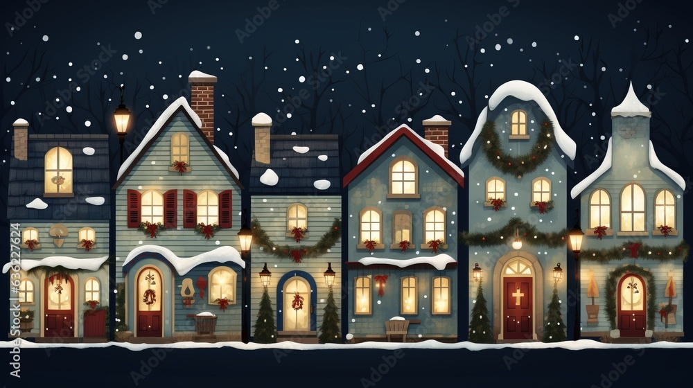 Cute Christmas houses in a row. Christmas New Year banner. Cozy winter scene illustration in vintage style Cute Christmas houses in a row. Christmas New Year banner. Cozy winter scene illustration in vintage style