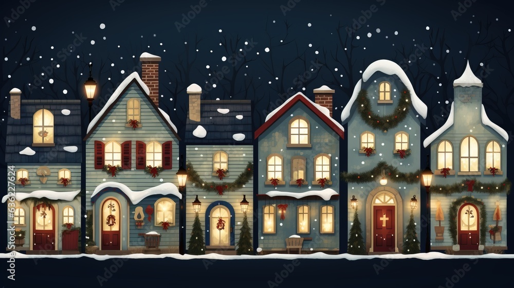 Cute Christmas houses in a row. Christmas New Year banner.  Cozy winter scene illustration in vintage style