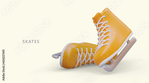 3D yellow skates with laces. Unisex shoes for ice hockey. Winter entertainment. Accessories for figure skating. Color vector poster. Concept of ice skating