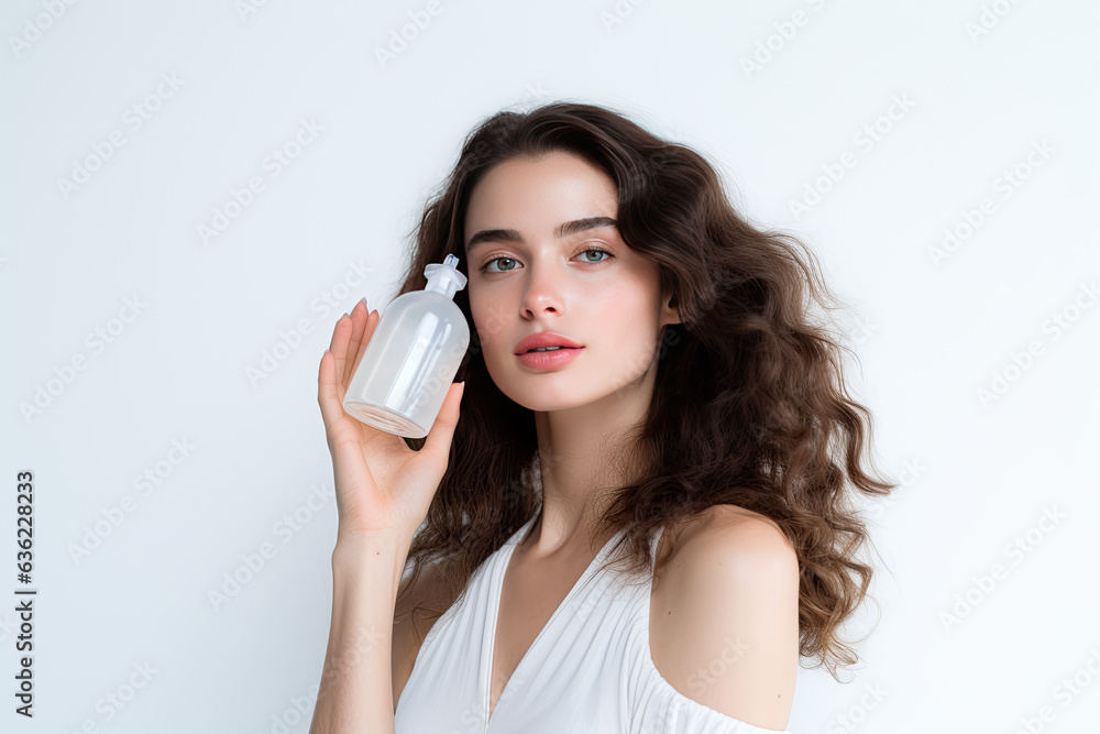 Beauty model holds bottle of shampoo or conditioner on white background.Generated with AI Beauty model holds bottle of shampoo or conditioner on white background.Generated with AI