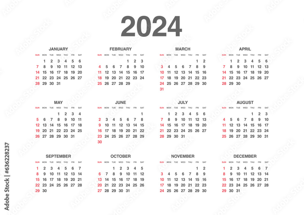 Annual calendar for 2024 with a simple design Horizontal layout Annual calendar for 2024 with a simple design Horizontal layout