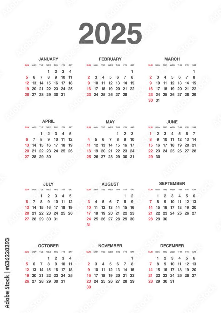 Annual calendar for 2025 with a simple design vertical layout Annual calendar for 2025 with a simple design vertical layout
