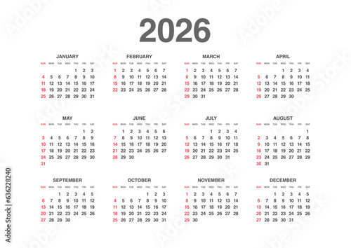Annual calendar for 2026 with a simple design Horizontal layout