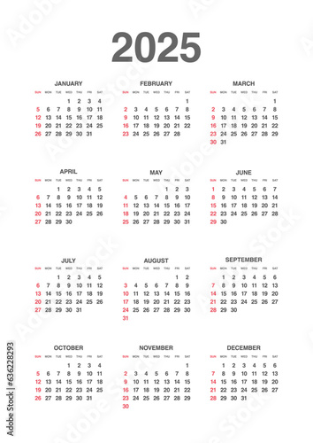 Annual calendar for 2025 with a simple design vertical layout