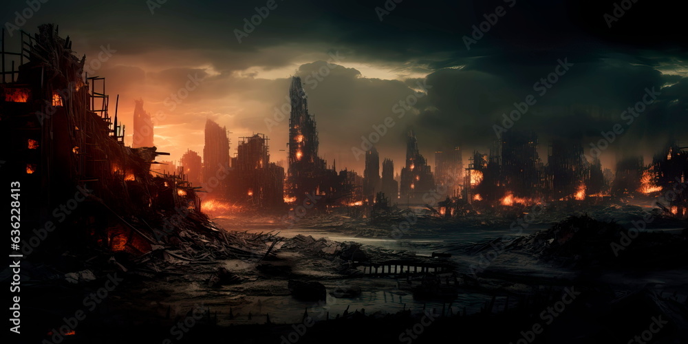 Soncept of war and destroyed city Fantastic background Generative Ai - obrazy, fototapety, plakaty 