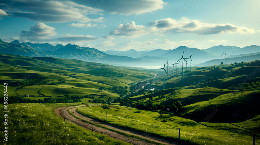 Wind turbines against a backdrop of rolling hills, harnessing the power of wind for green energy generation. Generative Ai