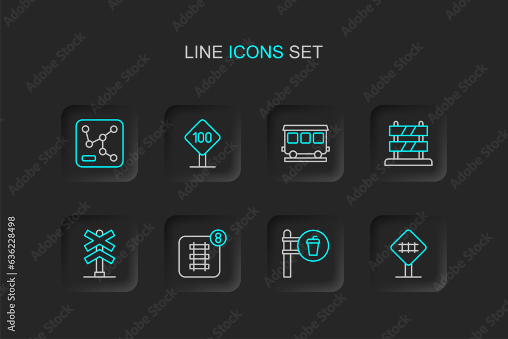 Set line Railroad crossing, Cafe and restaurant location, Online ticket booking, End of railway tracks, Passenger train cars, Speed limit traffic sign 100 km and Railway map icon. Vector Set line Railroad crossing, Cafe and restaurant location, Online ticket booking, End of railway tracks, Passenger train cars, Speed limit traffic sign 100 km and Railway map icon. Vector