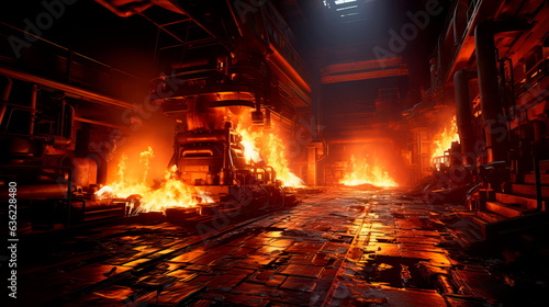 A massive steel mill with towering furnaces and sparks flying as raw materials are transformed into beams and plates for construction projects. Generative AI
