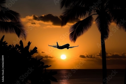 Airplane tropical sunset. Generate Ai
