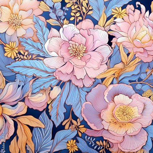 Pastel blue, pink and yellow painted floral seamless pattern, generative ai