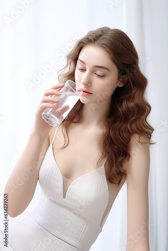 model gracefully drinking water from a water bottle. Generated with AI