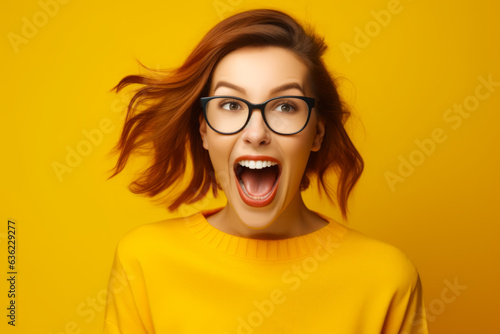 Woman wearing glasses and yellow sweater with her hair blowing in the wind. © valentyn640