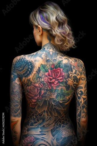 The back of woman's body with tattoos and flowers on it.