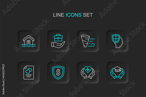 Set line Education grant, Life insurance, Shield with dollar, Marriage contract, shield, Tornado, Hand holding briefcase and House flood icon. Vector © Iryna