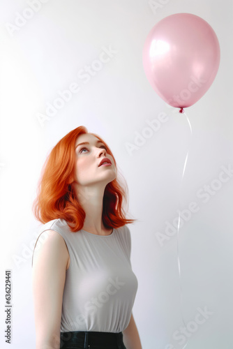 Woman with red hair looking up at pink balloon in the air.