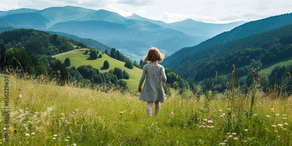 Girl walking on hill meadow. Capturing beauty and freedom in summer landscape