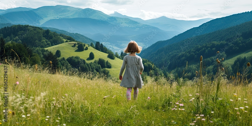 Girl walking on hill meadow. Capturing beauty and freedom in summer landscape Girl walking on hill meadow. Capturing beauty and freedom in summer landscape