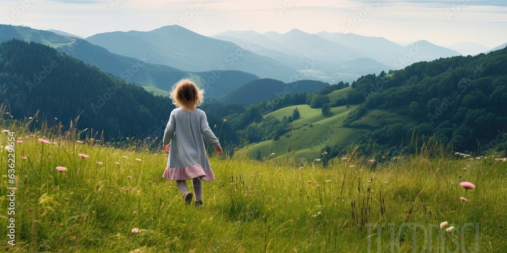 Girl walking on hill meadow. Capturing beauty and freedom in summer landscape Girl walking on hill meadow. Capturing beauty and freedom in summer landscape