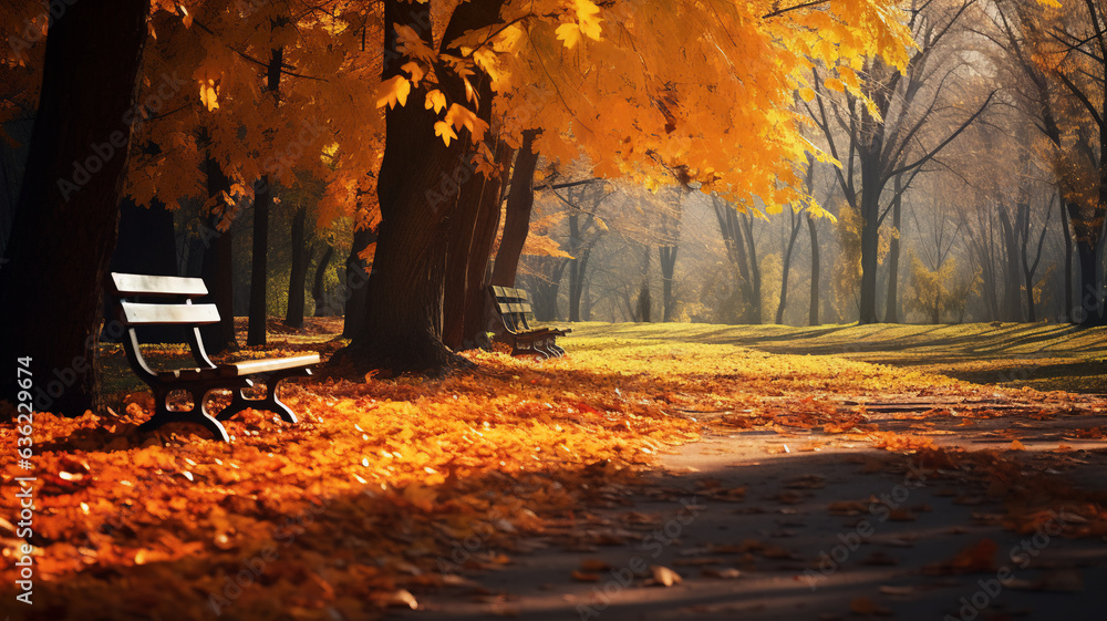 Flying falling orange yellow red maple leaves autumn park background with bench outdoor relax romantic mood copy space banner